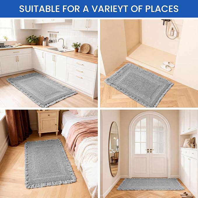 Waffle Bath Mat - Non Slip Bathroom Rugs - Washable Super Absorbent & Quick Dry Bath Mats with Tassels for Hallway Bedroom Laundry Room,24" x 72",Light Gray