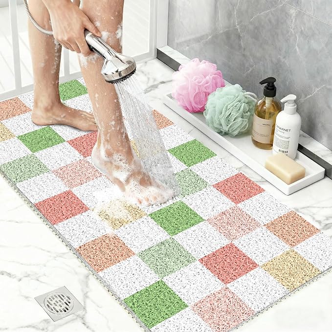 BLESWIN Loofah Mats for Shower 24"x16", PVC Bath Mat for Inside Shower, Bath Mat for Tub Non Slip, Checkered Shower Quick Dry Mats with Drain Hole, Colorful Checkered