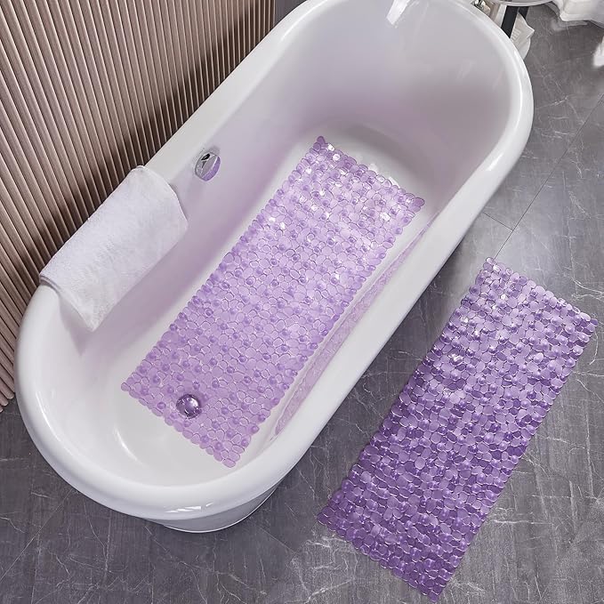 Webos Bath Shower Mat Non Slip: Extra Large Pebble Bathtub mat for Families, Anti Slip Shower Matt with Drain Holes Suction Cups Tub Mat - 16 X 40 Inch Clear Purple