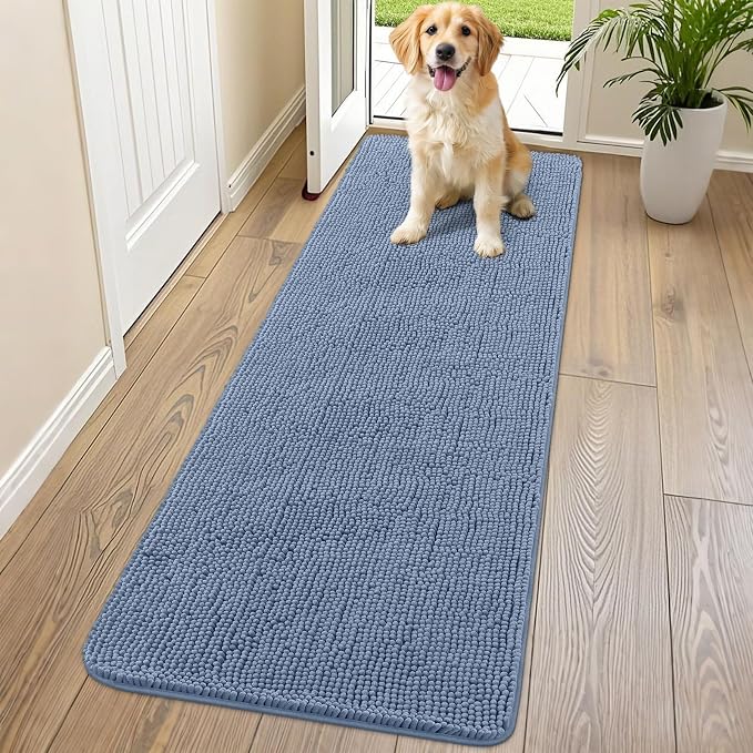 Smiry Dog Door Mat for Muddy Paws 70x24, Absorbent Dirt Trapper, Non-Slip Washable Chenille Entryway Rug for Inside Floor, Airy Blue, Classic Solid