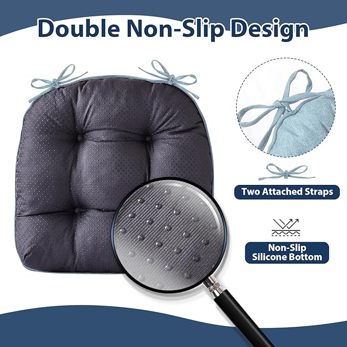 IASEAHK Chair Cushions for Dining Chairs, Seat Cushions for Kitchen Chairs, Indoor Seat Cushions with Ties, Tufted Foam Chair Pads, Non Slip Chair Cushions Set of 6, 15.5" x 15.5" x 4", Light Blue