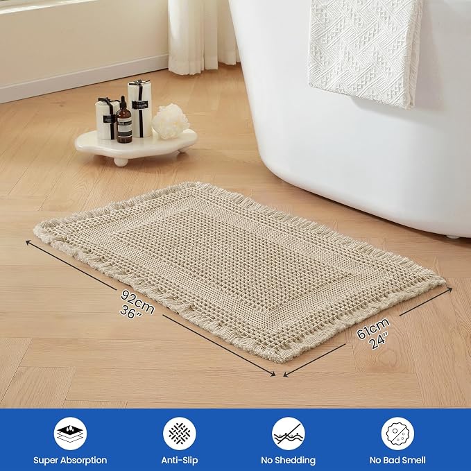 Waffle Bath Mat - Non Slip Bathroom Rugs - Washable Super Absorbent & Quick Dry Bath Mats with Tassels for Hallway Bedroom Laundry Room,24" x 36",Brown