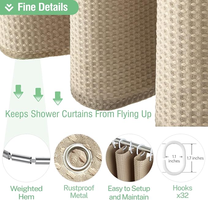 Dynamene Extra Wide Shower Curtain - 180 Inch Wide Waffle Weighted Thick Cloth Bathroom Shower Curtain, Neutral Heavy Duty Hotel Shower Curtain Set with 32 Plastic Hooks, 180x72, Beige/Khaki