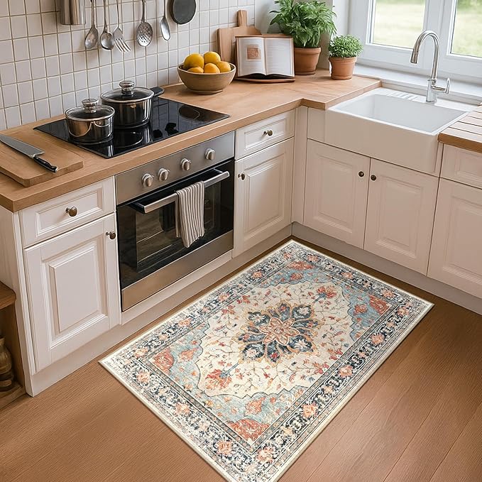 RELEANY Area Rugs 3'x5' Washable Non-Slip, Floral Vintage Distress Medallion Carpet for Living Room Bedroom Dining Room, Beige Navy Blue Orange Colorful
