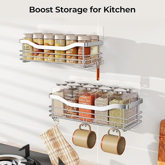 Orimade Shower Caddy Basket Shelf with 5 Hooks Adhesive Organizer Storage Rack Rust Resistant Wall Mounted Stainless Steel No Drilling for Bathroom, Toilet, Kitchen - 2 Pack