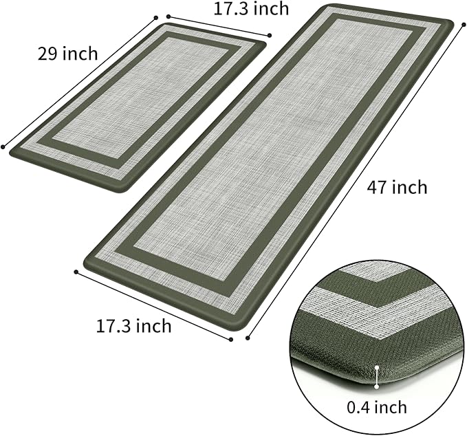 Mattitude Kitchen Mats Set of 2 Cushioned Anti-Fatigue Non-Skid Rug Sets Ergonomic Comfort Standing Mat for Kitchen, Floor, Office, Sink, Laundry,Green