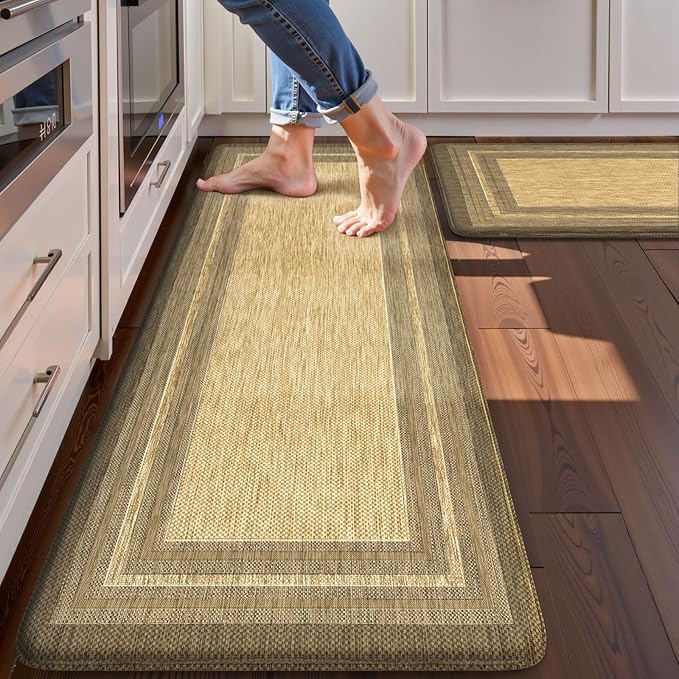 KIMODE Anti Fatigue Kitchen Mats for Floor, Farmhouse Kitchen Rugs Sets of 2, Cushioned Kitchen Floor Mats, Brown/Khaki Laundry Room Mat, Comfort Standing Mat for Sink Office Desk 17"x47"+17"x29"