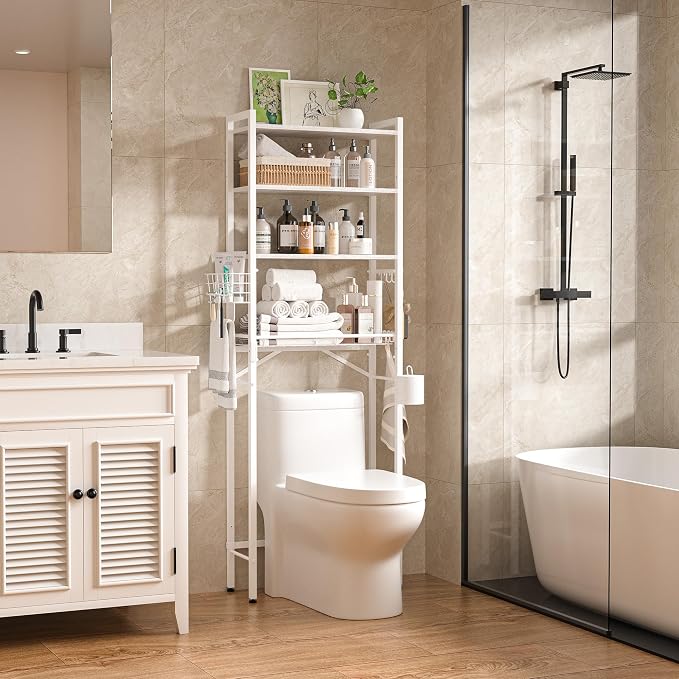 TETOTE Over-The-Toilet Storage Rack, 4-Tier Bathroom Organizer Shelf Over Toilet with Adjustable Shelf and Basket, Freestanding Space Saver Bathroom Shelves Above Toilet for Room(White)