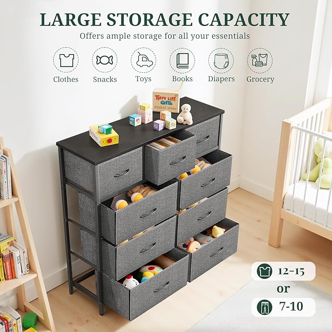 9-Drawer Dresser for Bedroom, Anti-Tip Tall Storage Organizer Chest of Drawers with Wooden Top and Metal Frame Fabric Bins for Closet, Living Room, Hallway, Entryway, Gray