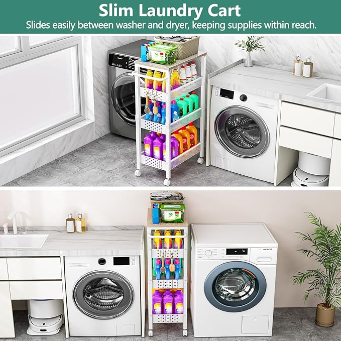 Vivihomety Utility Slim Storage Cart with Wheels, 4 Tier Small Rolling Cart with Wood Top, Metal Kitchen Bathroom Laundry Room Organization Trolley with Handle for Narrow Space - White