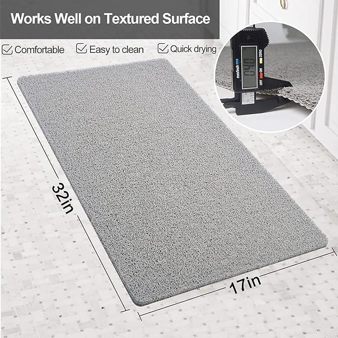 Shower Mat Non Slip Without Suction Cups, 32x17 Inch, PVC Loofah Bath Mat for Textured Tub Surface, Bathroom, Bathroom, Quick Drying (Grey)