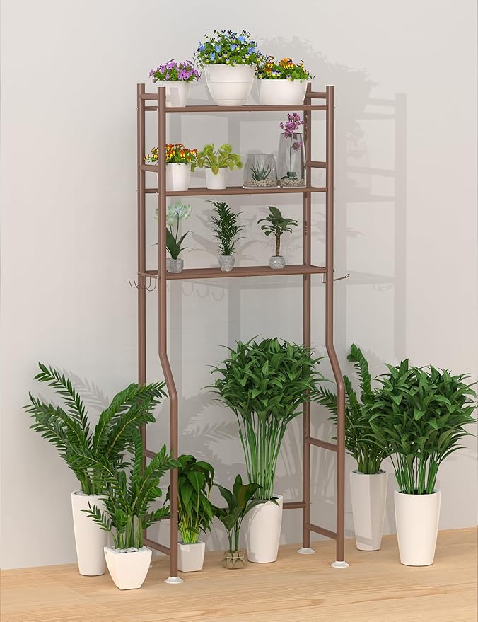 Livilord 3-Tier Over The Toilet Storage, Freestanding Metal Bathroom Shelves with 4 Hooks, Over Toilet Storage Shelf with Paper Holder, Above The Toilet Shelf for Bathroom Storage, Bronze