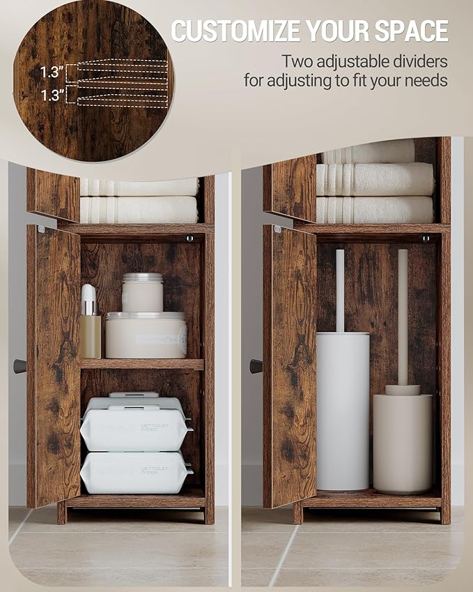 Hzuaneri Bathroom Storage Cabinet, Small Corner Floor Cabinet with 2 Doors and Adjustable Shelf, Narrow Toilet Paper Cabinets, Bathroom Organizer for Small Spaces, 7.9"D x 7.9"W x 29.5"H Rustic Brown