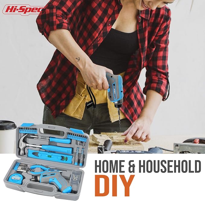 Hi-Spec 35pc Blue Tool Kit with 3.6V USB Electric Screwdriver and Drill set. Complete General Tool Set