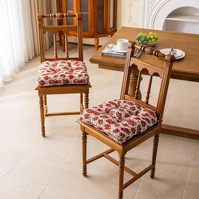 vctops Farmhouse Floral Print Chair Cushions with Ties U-Shaped Soft Comfortable Chair Pads Non Slip Seat Cushions for Indoor Dining Room and Kitchen Chairs (Flower A,16"x16")