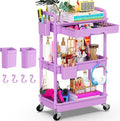 Goovilla 3 Tier Rolling Utility Cart Organizer with Removable Drawer, Stable and Sturdy Purple Rolling Storage Carts with 2 Lockable Wheels for Bathroom, Kitchen, Snack, Craft, Makeup, Baby Essentials