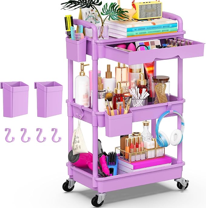 Goovilla 3 Tier Rolling Utility Cart Organizer with Removable Drawer, Stable and Sturdy Purple Rolling Storage Carts with 2 Lockable Wheels for Bathroom, Kitchen, Snack, Craft, Makeup, Baby Essentials
