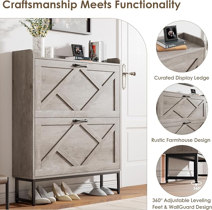 Nicetree Shoe Storage Cabinet with 2 Flip Drawers, Freestanding Shoe Organizer, Shoe Cabinet with Metal Legs, Narrow Shoe Rack Cabinet, Farmhouse Slim Shoe Cabinet for Entryway, Hallway, Rustic Gray