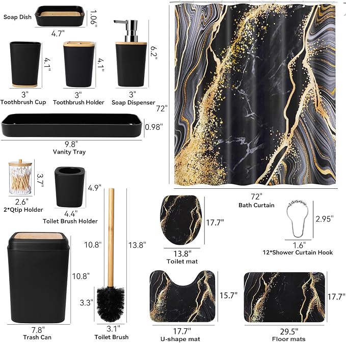 XLHOMO Bathroom Set Bathroom Sets with Shower Curtain and Rugs,Black Bathroom Accessories Set Waterproof Black and Gold Shower Curtain Set