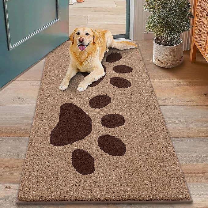 Smiry Dog Door Mat for Muddy Paws, Absorbs Moisture and Dirt, Low-Profile Entryway Mat with Non-Slip Backing, Entry Indoor Outdoor Doormat for Inside Floor (48x30 Inches, Beige, Paw