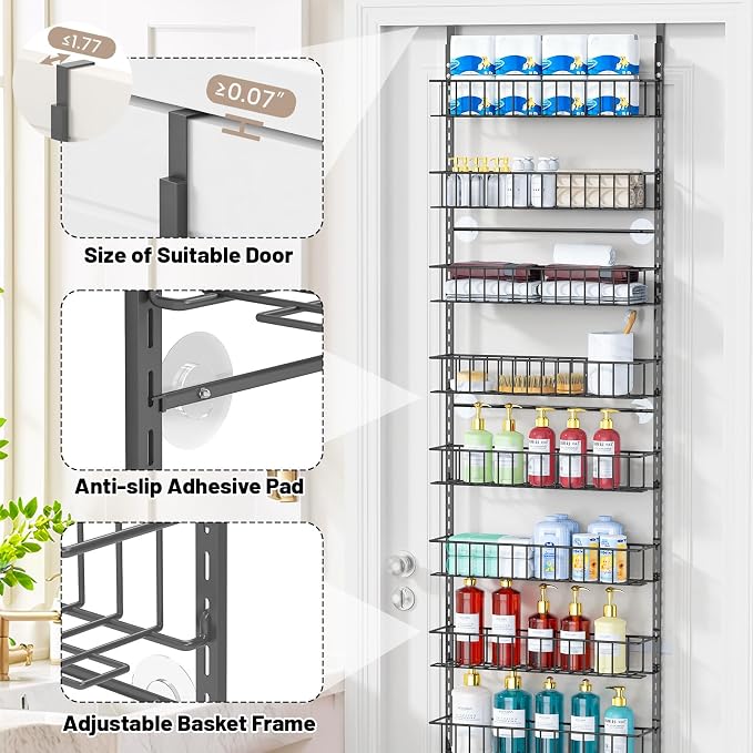 ElegantArray 10-Tier Pantry Door Oragnizer, Over The Door Pantry Organizer Rack and Storage, Hanging Spice Rack Shelves Door, Home Office Laundry Room Bathroom & Kitchen Organization, Deep Gray