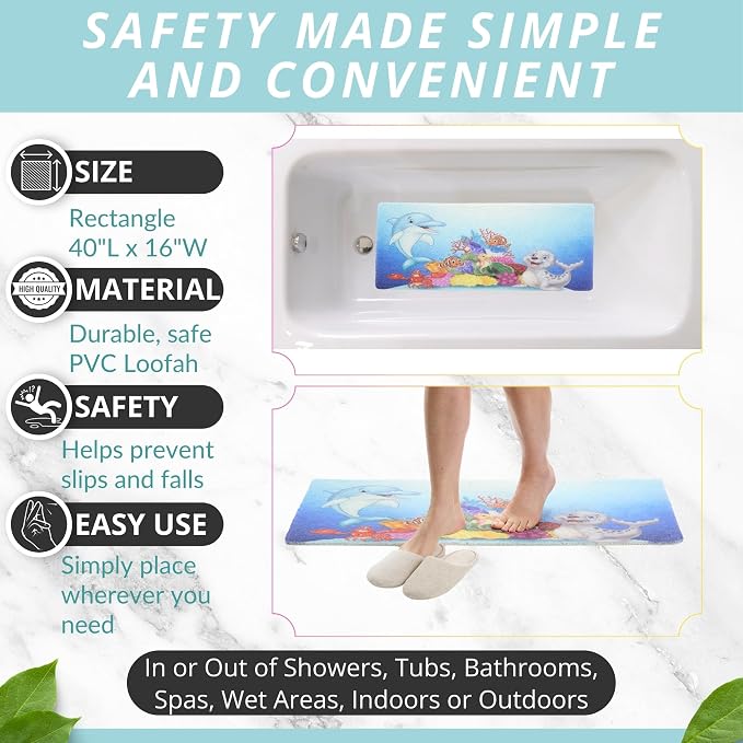 Non Slip Bathtub Mat Shower Mat for Tub - Loofah Bath Mats for Bathroom - 40x16 Bathtub Floor Mat - Textured Anti Slip Bath Mat Without Suction Cups - Secure Mat for Wet Areas (40x16 Dolphin)