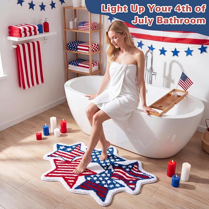 Capoda 1 Pcs Patriotic Bathroom Rug 24 x 35 Inch 4th of July Star Bath Mat Non-Slip Soft Microfiber Independence Day Rug for 4th of July Kitchen Home Bathroom Entrance Decor(Strip Star, Red Blue)
