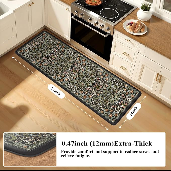 Collive Kitchen Mats for Floor, Cushioned Anti Fatigue Mat Black Floral Rugs Non Skid Waterproof Sink Rug, Memory Foam Comfort Standing Mat for Office, Laundry, Desk, 24''x71''