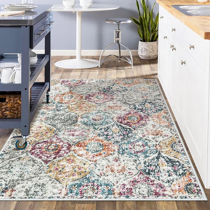 Lahome Moroccan Trellis Washable Small Area Rug, 3x5 Black Rug for Bedroom Living Room, Non-Slip Oriental Accent Throw Carpet for Kitchen Office Entryway Bathroom Office Elise, Aqua/Multi