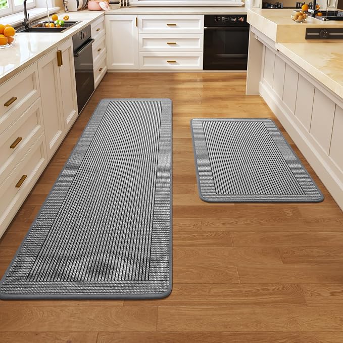 Kitchen Mats for Floor, 17''x30''+17''x59''Kitchen Rugs Set of 2, Washable Non Slip Absorbent Kitchen Mat, Braided Kitchen Runner Rug, Kitchen Sink Rug, Grey