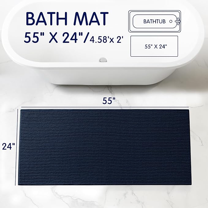 SUBRTEX Bathroom Rugs, 24" x 55" Chenille Bath Rug Soft Short Plush Bath Mat Soft Shower Mat Water Absorbent Shower Mat Quick Dry Machine Washable, Navy