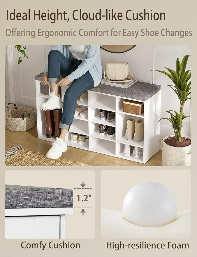 DINZI LVJ Shoe Storage Bench with Cushion, 14-Cubby Shoe Rack, Adjustable Shelves, Multifunctional Shoe Organizer Bench for Entryway, Mudroom, Hallway, Living Room, Bedroom and Garage, White