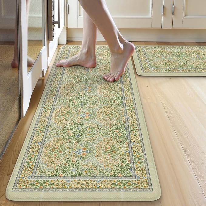 Collive Anti Fatigue Mats for Kitchen Floor, Waterproof Non Skid Kitchen Rugs Sets of 2 Vintage Floral Desk Rug, Foam Comfort Standing Mat for Office, Sink, Laundry, Light Green