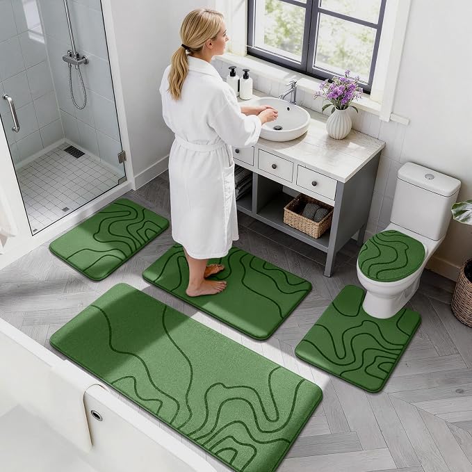 YIHOUSE Memory Foam Bathroom Rugs Sets 2 Piece - Extra Thick Ultra Soft Absorbent Bath Mat Set, Non-Slip Machine Washable Bath Rugs for Bathroom, Tub & Shower, Home Decor (17"x24"+20"x46",Olive Green)