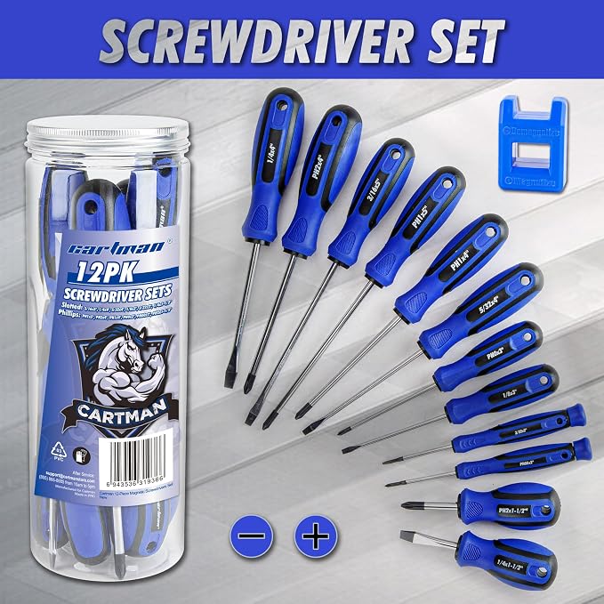 CARTMAN 12 Piece Magnetic Screwdriver Set 6 Phillips and 6 Flat Professional Cushion Grip Hand Tools Set