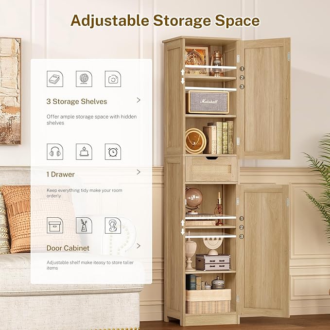 TEENFON 67" H Tall Storage Cabinet with 2 Rattan Doors and 1 Drawer, Narrow Rattan Cabinet with Adjustable Shelves, for Living Room, Entryway, Kitchen, Natural
