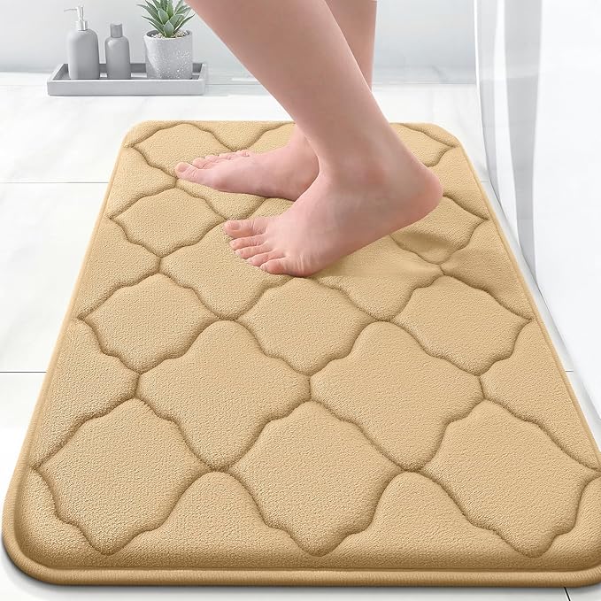 OLANLY Memory Foam Bath Mat Rug 24x16, Ultra Soft and Absorbent Bathroom Rugs, Non-Slip, Comfortable, Machine Washable Bath Carpet for Bathroom Floor, Tub, Shower and Home Decor Accessories, Beige