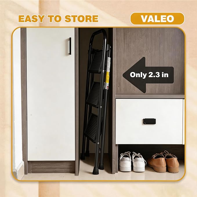 Valeo 3 Step Ladder, Step Stool with Wide Anti-Slip Pedal, 330 lbs Capacity,Step Ladder Folding Step Stool for Adults, Lightweight Steel Portable ladders for Home Kitchen & Office,Black
