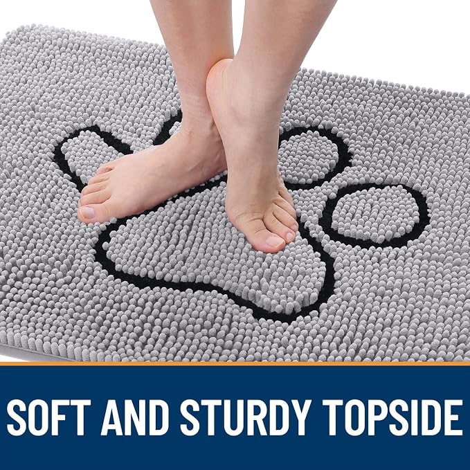 OLANLY Dog Door Mat for Muddy Paws 48x30, Paw Print Design, Absorbs Moisture and Dirt, Non-Slip Washable Doormat, Quick Dry Chenille Mud Mat for Dogs, Entry Indoor Entryway Carpet, Light Grey