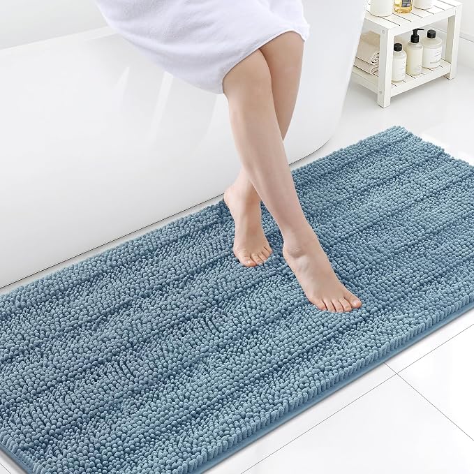 Grandaily Chenille Striped Bathroom Rugs 59x24, Extra Thick and Soft Absorbent Bath Mats, Rubber Backing, Plush Shaggy Shower Carpet, Machine Wash Dry, Bath Rug for Bathroom, Airy Blue