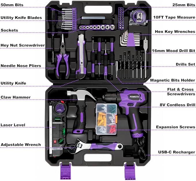 8V Cordless Drill, Purple Power Drill with Drill & Screw Bits Set, 3/8" Keyless Chuck, Rechargeable Electric Drill Tool Kit for Home Repairs, DIY,139PCS Tool Set for Women & Men