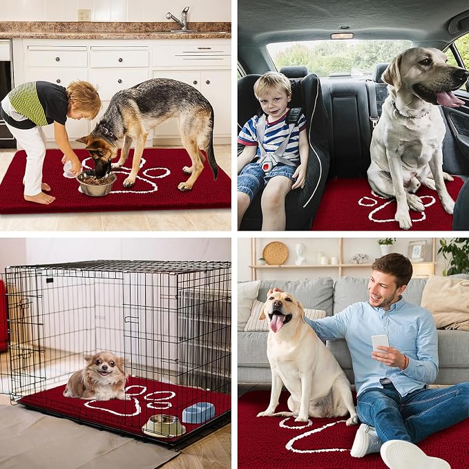 Smiry Dog Door Mat for Muddy Paws, Absorbent Dirt Trapper Non Slip Quick Dry Washable Chenille Mat for Mud Dogs, Entry Rug for Indoor and Outdoor (48x30 Inches, Red and White)