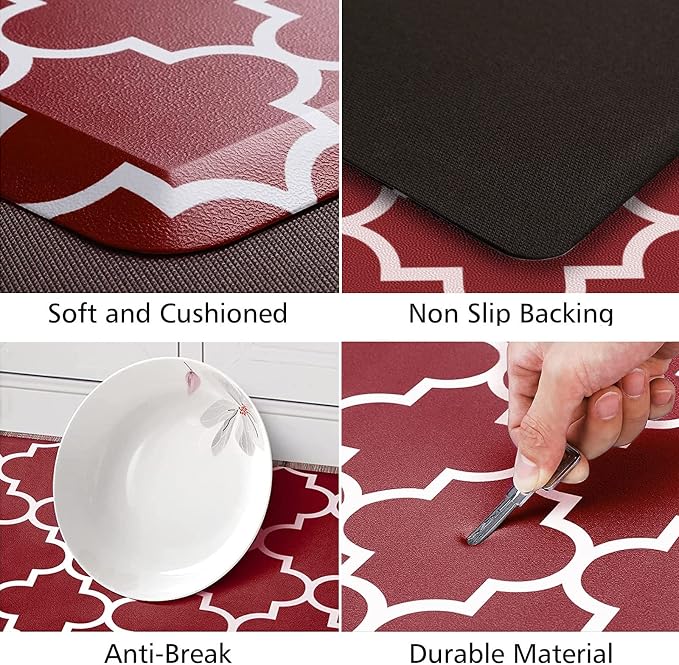 KMAT Kitchen Mat [2 PCS] 0.47inch Cushioned Anti-Fatigue Kitchen Rug, Waterproof Non-Skid Kitchen Mats and Rugs Heavy Duty PVC Ergonomic Comfort Standing Mat for Kitchen, Floor Home, Office, Sink, Red