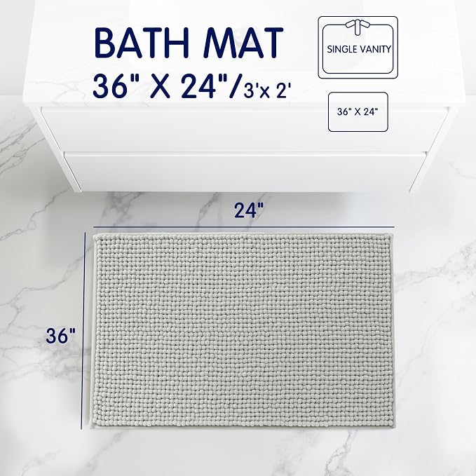 SUBRTEX Bathroom Rugs, 24" x 36" Chenille Bath Rug Soft Short Plush Bath Mat Soft Shower Mat Water Absorbent Shower Mat Quick Dry Machine Washable, Light Gray