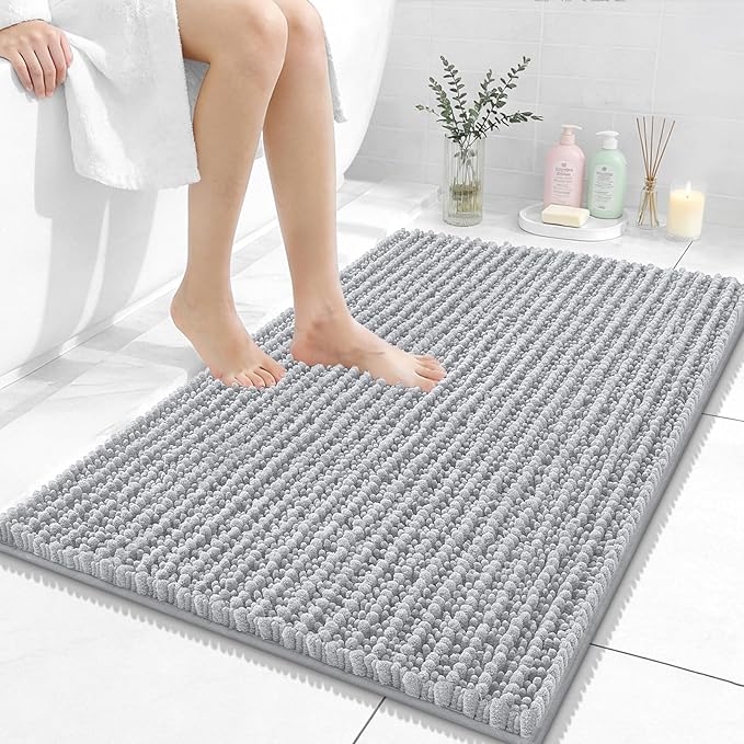 OLANLY Bathroom Rug Mat 36x24, Thick Soft and Absorbent Chenille Bath Mat, Non-Slip Rubber Backing, Machine Washable Quick Dry Bath Rugs for Tub Shower Floor, Home Decor Accessories, Light Grey