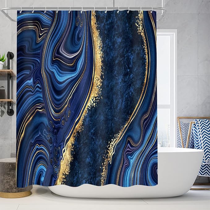 Nkzply 4 Pcs Blue Marble Shower Curtain Sets with Rugs Gold Bathroom Sets with Shower Curtain and Rugs Modern Abstract Bathroom Decor Accessories Shower Curtains for Bathroom Toilet Lid Cover