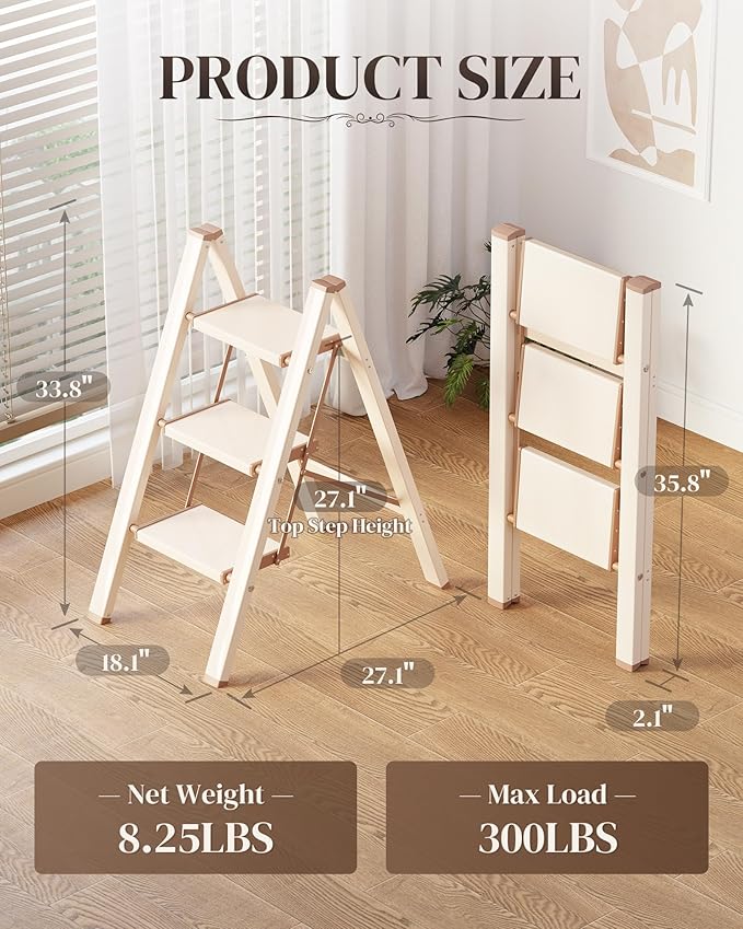 3 Step Ladder, Folding Step Stool with Wider Pedal, Anti-Slip Feet & Non Slip Stripes, Aluminum Sturdy Material, 300Lbs Capacity, Elegant Look of Cream Chocolate Better Matches Your Home