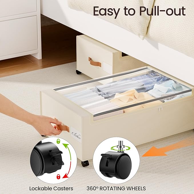 Yecaye 95 L Under Bed Storage with Wheels, 11 in Under Bed Storage Containers, Large Under Bed Shoe Storage with Lids, Rolling Underbed Storage bins for Clothes, Blankets, Beige