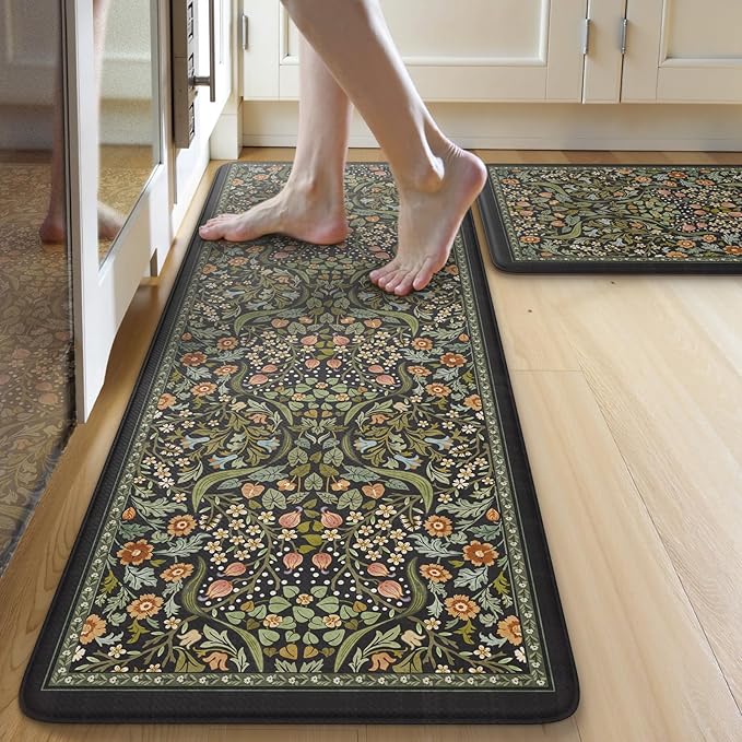Collive Kitchen Mats for Floor 2PCS, Cushioned Anti Fatigue Mat Non Slip Waterproof Kitchen Sink Rugs, Washable Vintage Spring Floral Rug Comfort Standing Mat for Laundry, Desk, Bar, Office, Black