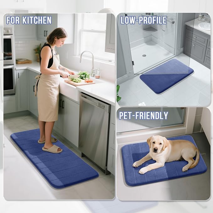 Yimobra Memory Foam Bathroom Rugs Sets 2 Piece - Super Soft Absorbent Quick Dry Bath Mat Set, Machine Washable Non Slip Floor Carpet for Tub Shower & Single Sink (17x24 & 31.5x20 Inch, Navy Blue)